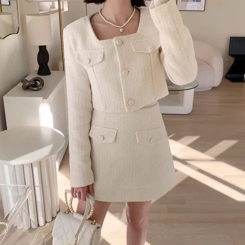 패션 세트 여성 세련된 트위드 우아한 겉옷 긴 소매 야외 탑 + 스커트 투피스 세트