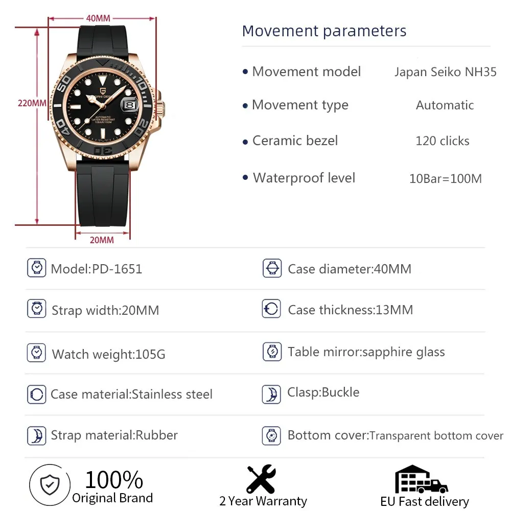 PAGANI design sportovní muži mechanická náramkové hodinky safír luxusní automatický hodinky pro muži nerez ocel vodotěsný hodiny