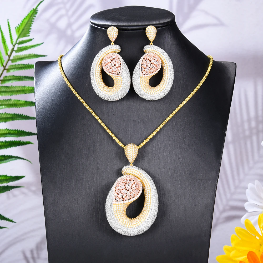 

Missvikki New Luxury Big Dangles Earrings Necklace Set тренд Noble Prong Setting CZ For women brincos boucle d'oreille