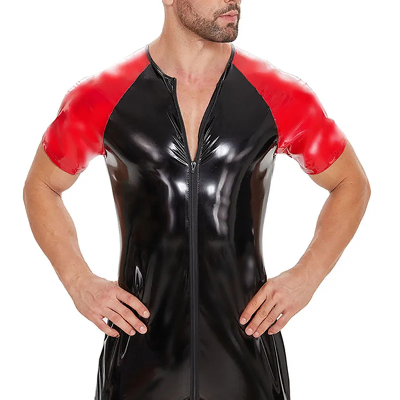 S to 7XL Shiny PVC Leather Jumpsuit for Men Short Sleeve Sexy Open Crotch Slim Fit Tight Bodysuit Zip One Piece Catsuit Clubwear