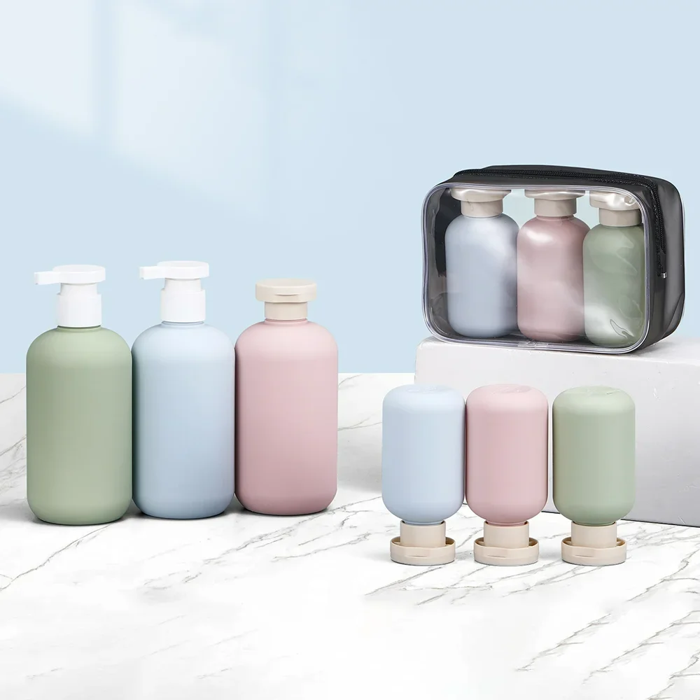 Set of 3 Clear Blue Travel-Size Pump Bottles for Shampoo and Shower Gel