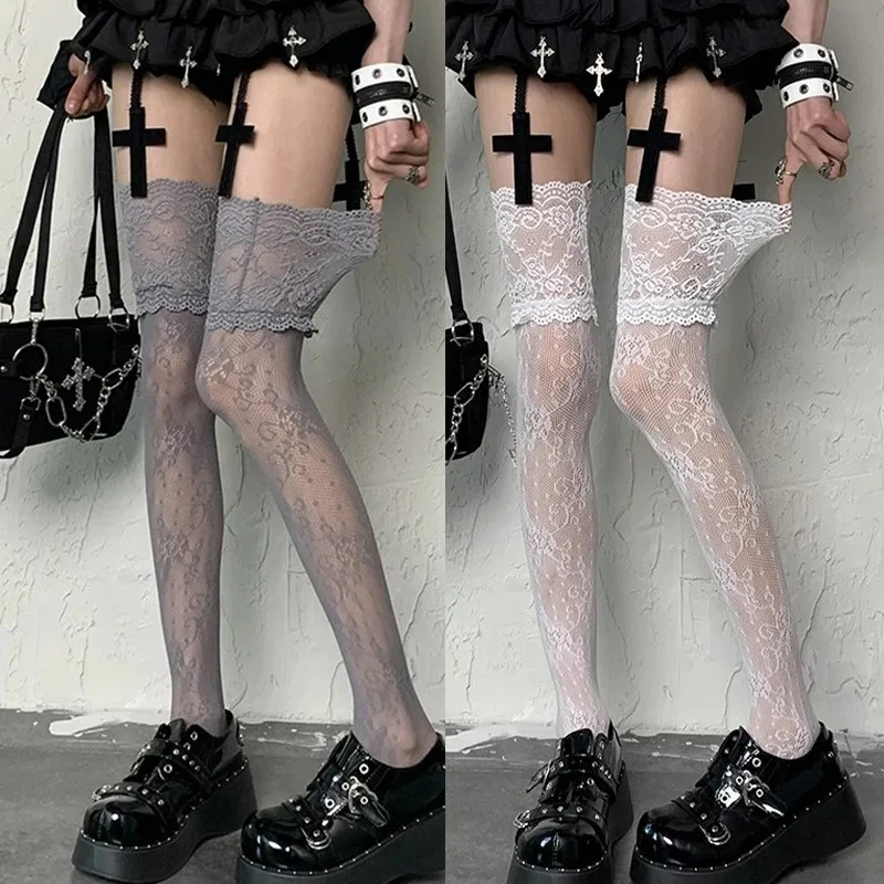 Summer Solid Color Sexy Lace High Stockings Women White Trim Frilly Edging Over Knee Long Socks Girls Sweet Lolita JK Stocking
