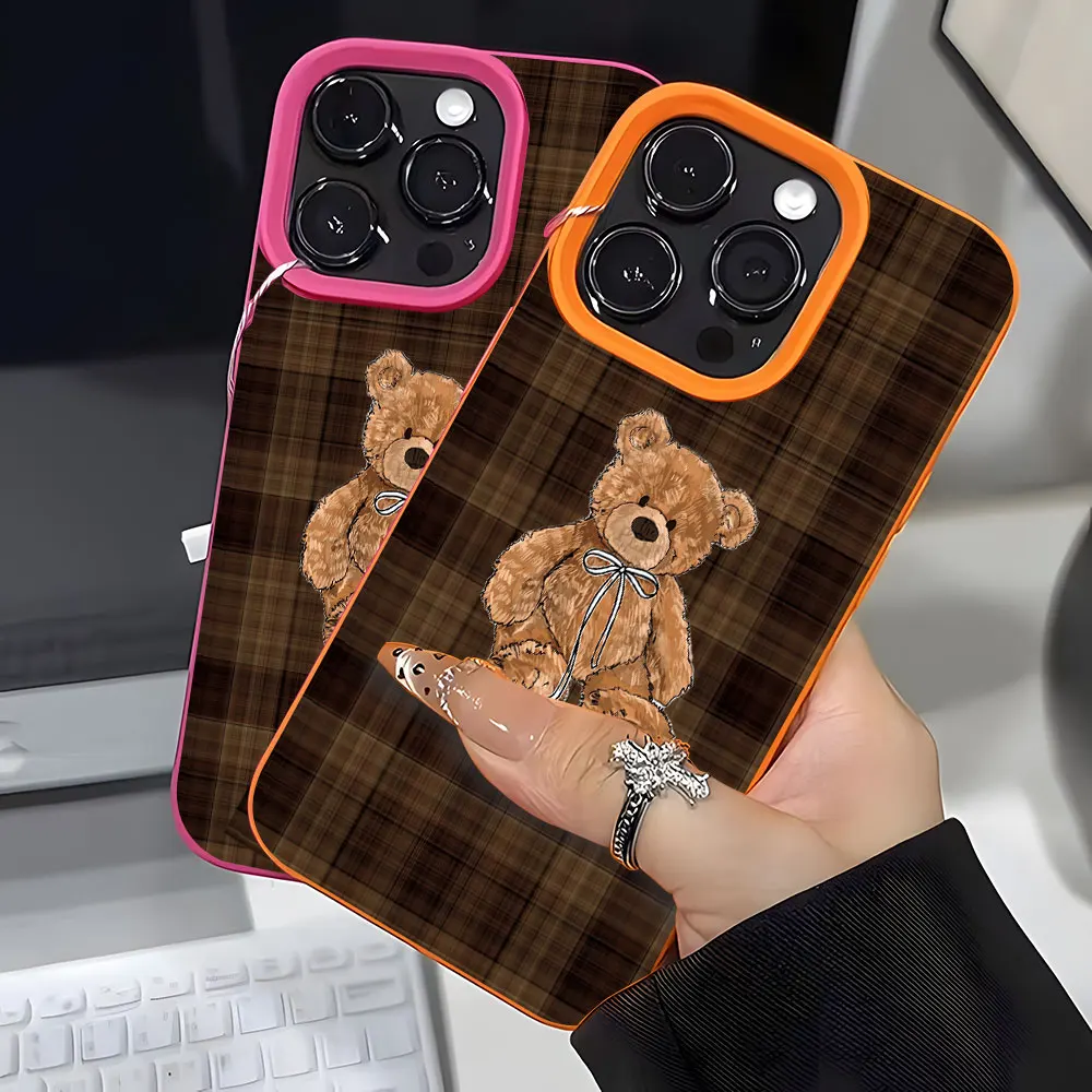 Retro Plaid Cute Bear Pattern Lychee Soft Phone Case Cover