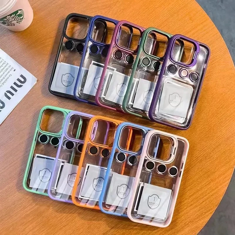 Lens Metal Ring Protector Stand Phone Case For IPhone 13 11 12 14 15 16 Pro Max Plus Camera Glass Lens Film Transparent PC Cover Bags & Storage Items Waterproof phone cases