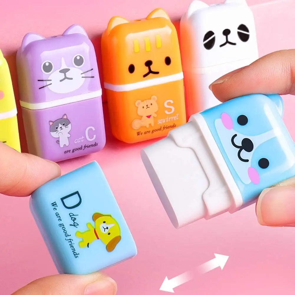 6 Pcs Cute Pencil Eraser, Cartoon Animal Themed Roller Colorful Rectangle Eraser, Pencil Rubber Erasers for Kids School Office S