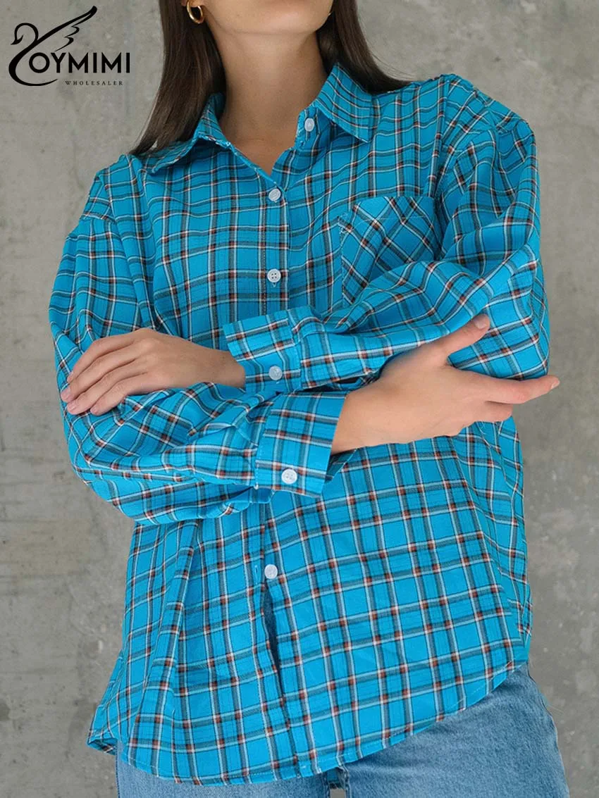 Oymimi Elegant Blue Plaid Print Women's Shirt Fashion Long Sleeve Pockets Female Blouses Casual Lapel Single Breasted Shirts