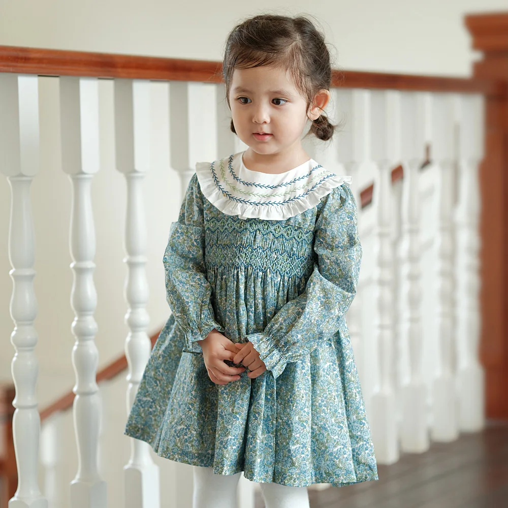 

kids dresses baby girls clothes Handmade pleated floral long-sleeved dress cotton sweet girl dress