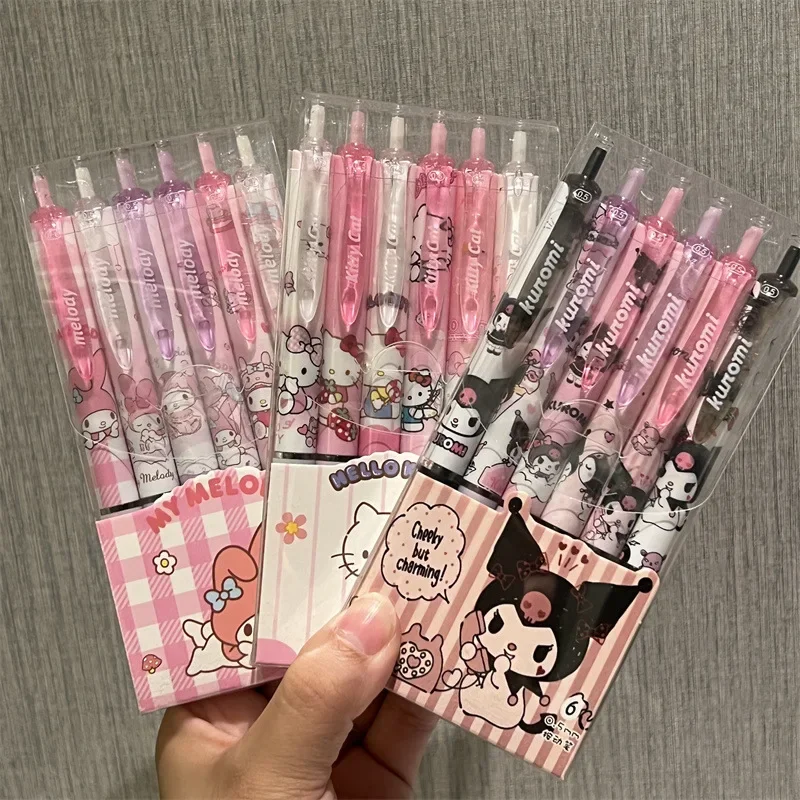 Sanrio Hello Kitty 6pcs Series Gel Pen 0.55mm Refill Y2k Cinnamoroll Kuromi MelodyCartoon Press Pen Black Stationery Supplies 2