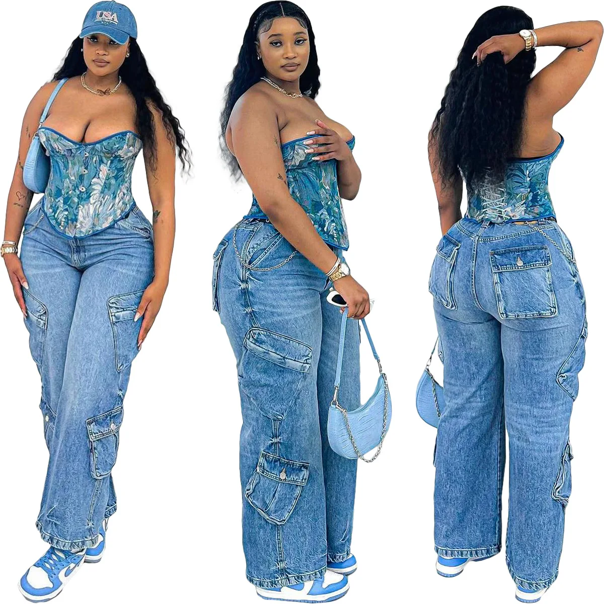 Denim Pocket Pants Jeans High Waist Cargo Y2K Streetwear 2023 Sexy Trouser Denim Parachute Women Winter Baggy Wide Leg Pants