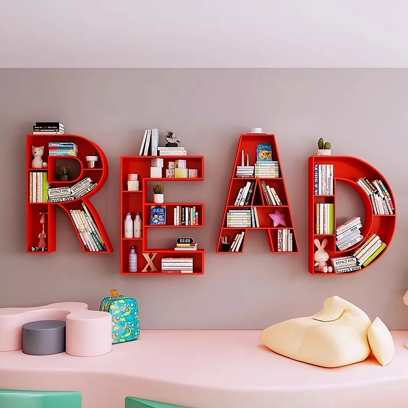 Creative Iron Lettering Bookcases Children's Floor-to-Ceiling Shelving for School Walls Hanging Bookshelves on English Walls