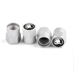 Car Tire Wheel Valve Cover Dust Caps - Set of 4 Premium Accessories (Silver Skoda)