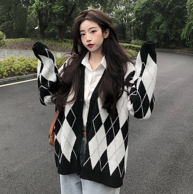 2023 Plaid chic cardigan sweater women's spring and winter puffy Sleeve  Plaid Button loose knit senior women's sweater - AliExpress