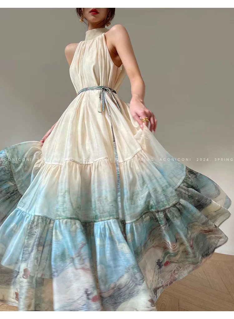 Summer Women Casual Printed Dress A-Line Pleated Party Birthday Sleeveless  Dress