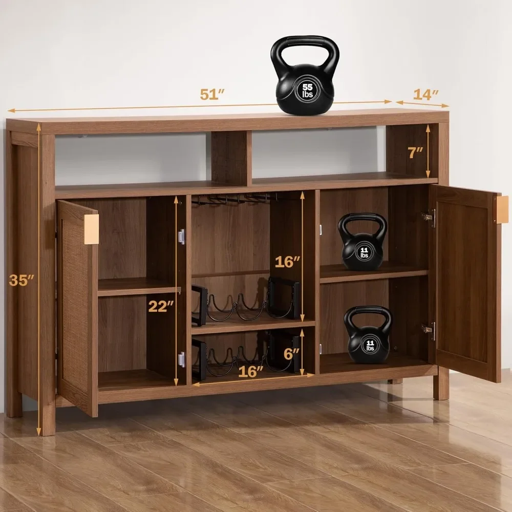Coffee Bar Cabinet, Rattan Sideboard Buffet Cabinet with Storage, Boho Farmhouse Liquor Cabinet with Wine Racks Credenza