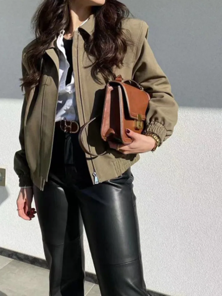 

Vintage Lapel Long Sleeve Zipper-up Coat Female Casual Outwears PUWD Women Green Pocket Stitching Pilot Jacket 2023 Fashion