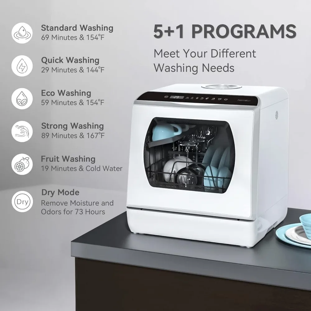 Countertop Dishwasher, 5 Washing Programs Portable Dishwasher With 5-Liter Built-in Water Tank For Glass Door 3