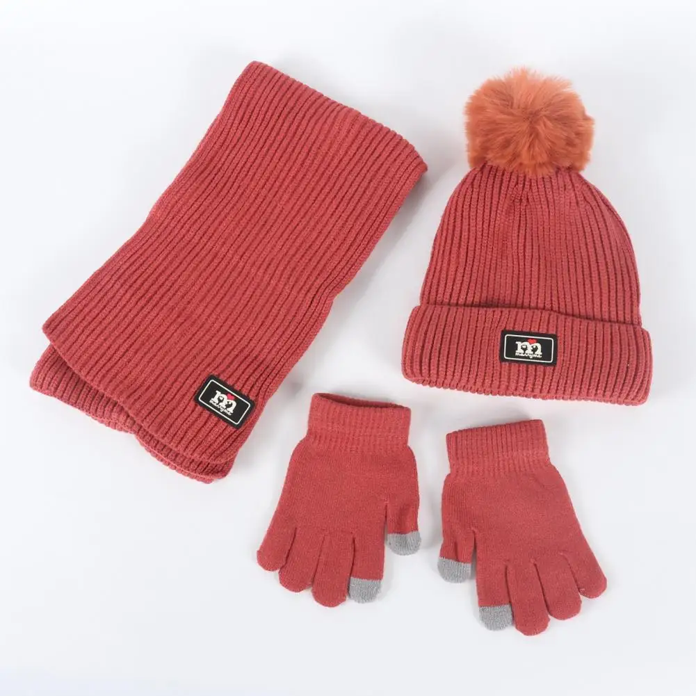 3 Pcs/Set Children Hat Scarf Glove Set Thickened Plush Ball Decor Knitted Anti-slip Heat Retention Windproof Keep Warm Girls Boy
