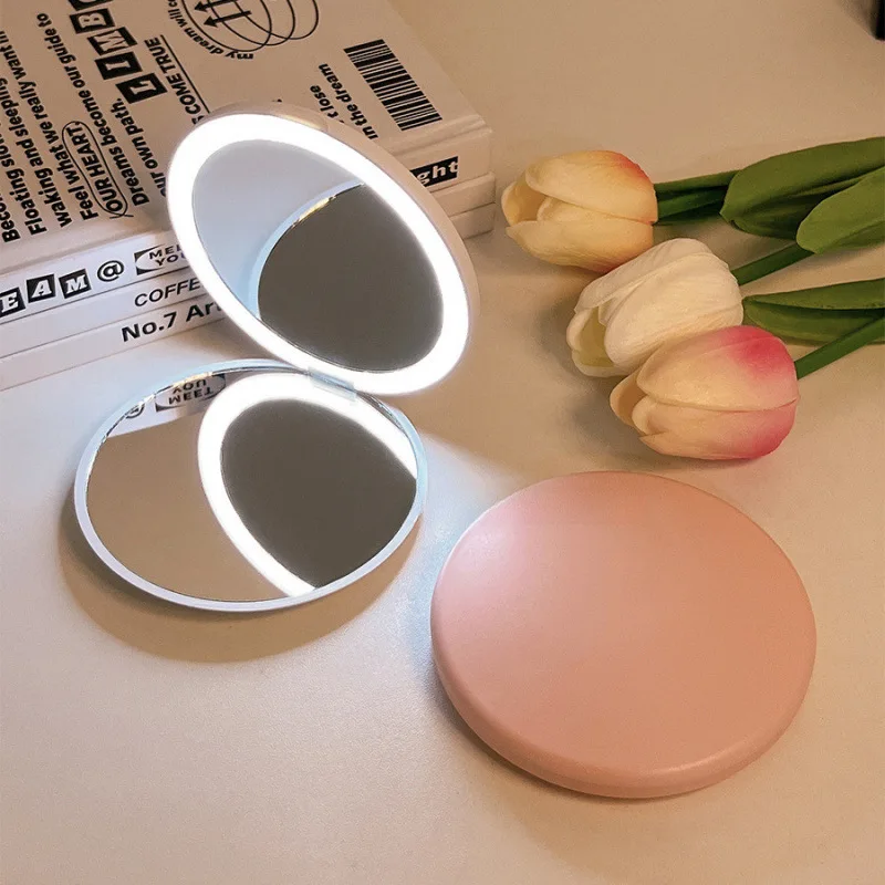 Makeup Mirror Portable Small Mirror Light LED Makeup Pocket Mini Handheld Luminous Folding Round