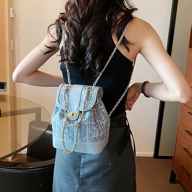 Denim Backpack Y2K Chain Bucket Bag PU Leather Quilted Composite