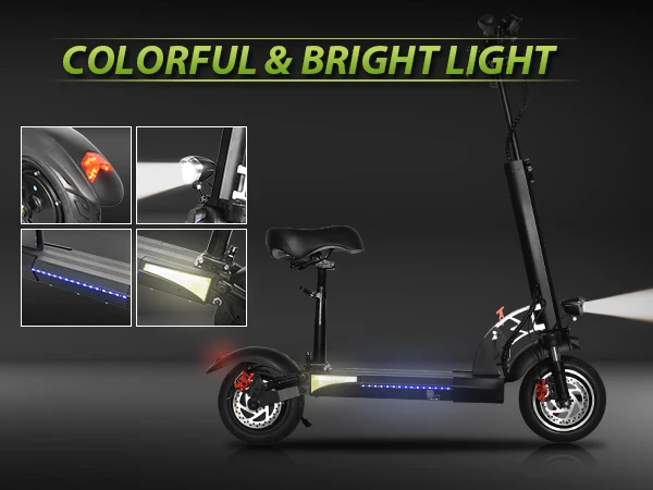 An adults' foldable electric scooter with a colorful and bright light.