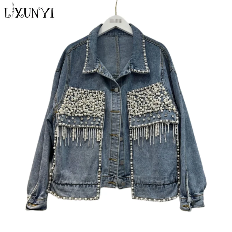 

LXUNYI Cowboy Coat Woman Spring 2023 Female Overcoat Heavy Beading Diamond Tassels Loose Jacket Women Cardigans Jean Jacket Blue