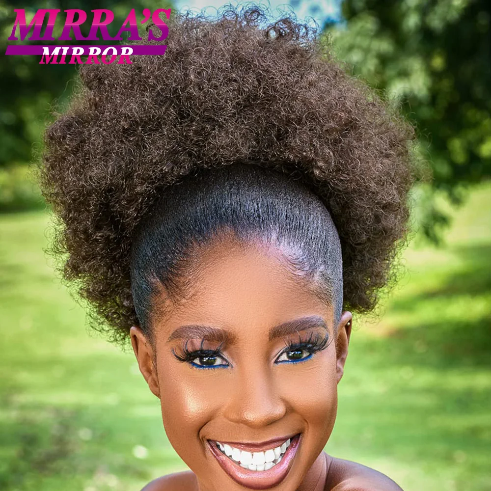 

Afro Kinky Curly Puff Drawstring Ponytail Hair 10 Inch Synthetic Short Afro Hair Bun Extensions Hairpieces Large Size With Bangs