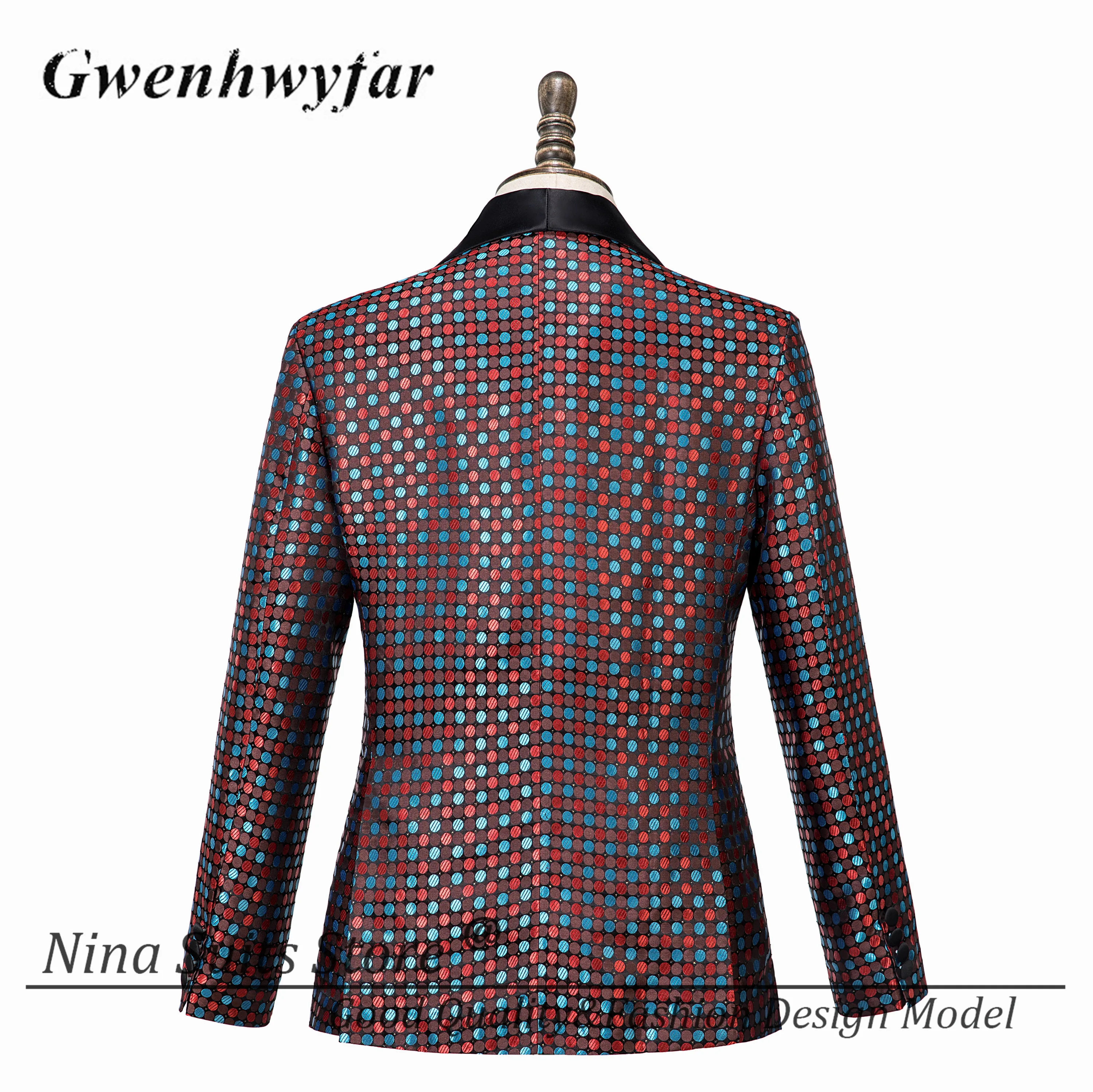 Gwenhwyfar Tailor-made Brown Red Blue Dots Pattern Costume Homme Black Shawl Lapel Men Suit Blazer Double Breasted Vest Pants