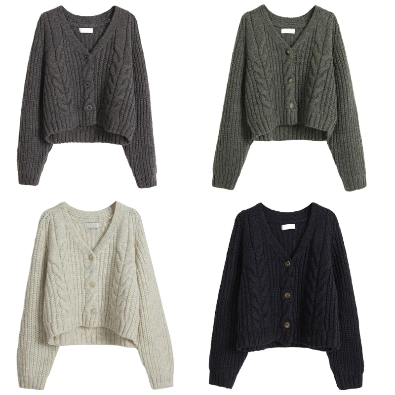 

Women Long Sleeve Crop Sweater Cardigan V-Neck Button Up Cable Knit Jackets Coat 066C