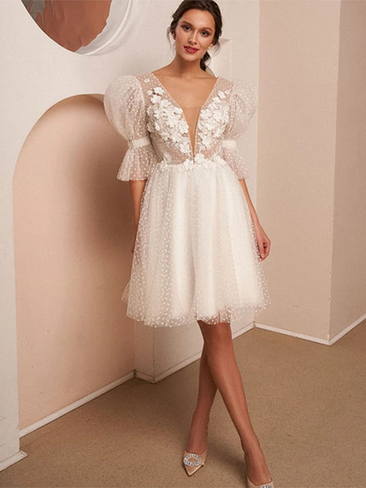 Fall In Love Sexy Short Wedding Dress Sheath Satin Mini Bridal Gown Off-Shoulder Short Sleeves Vestidos De Novia Party Dress