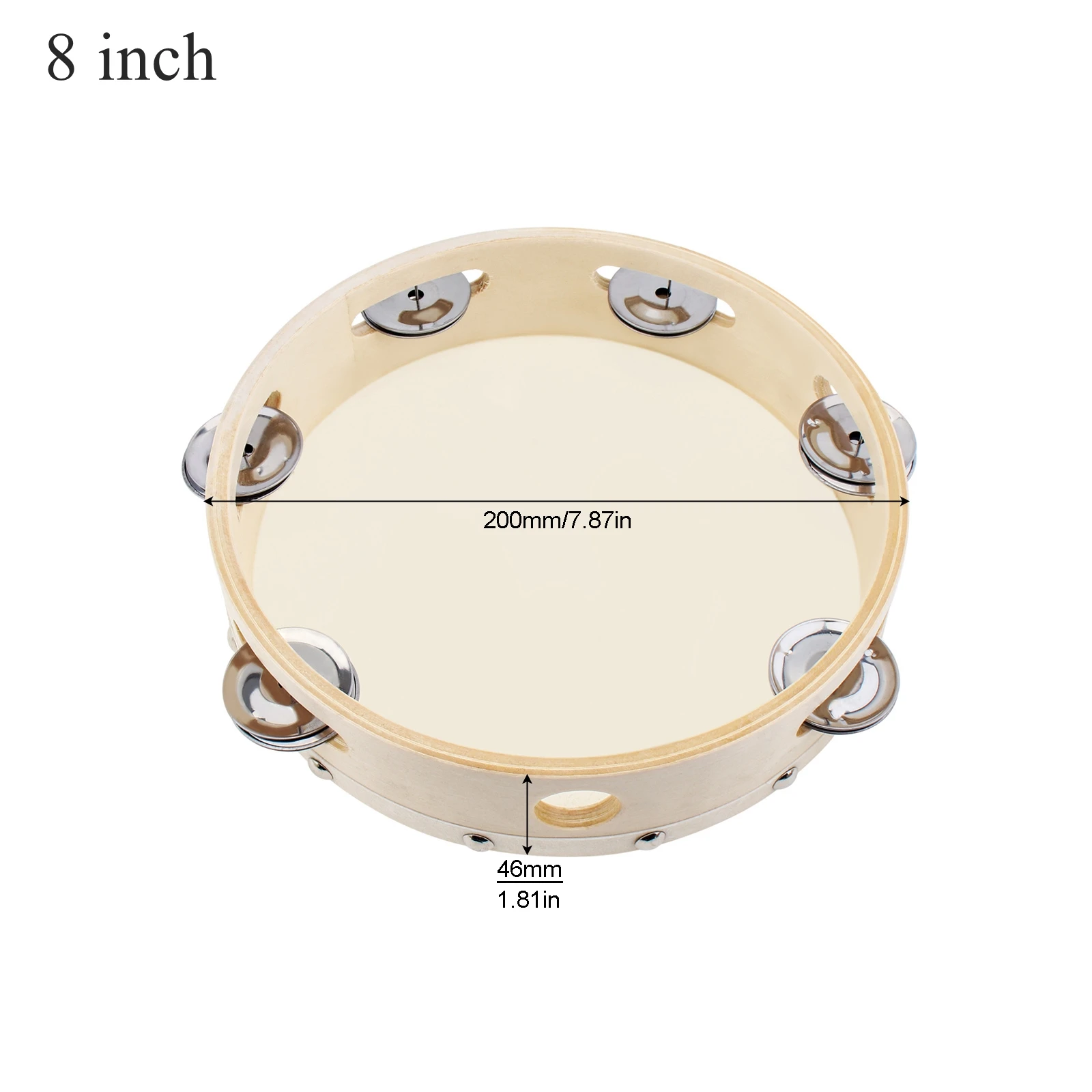 6 / 8 / 10 inch Wood Hand Held Tambourine Drum for Church Party KTV with Sheepskin Drumhead, Single Row Musical Instrument Tools