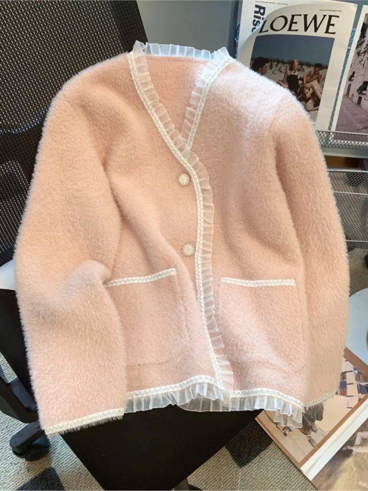 

Модные базовые женские осенние однотонные кружевные свободные пальто с V-образным вырезом Повседневные Элегантные Белые куртки с длинным рукавом Женская винтажная верхняя одежда