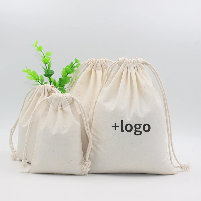 50p Organic Cotton Drawstring Storage Bags Big Size Reusable Muslin Dust Bag Pouch Wedding Candy Bar Gift Packaging Custom Logo