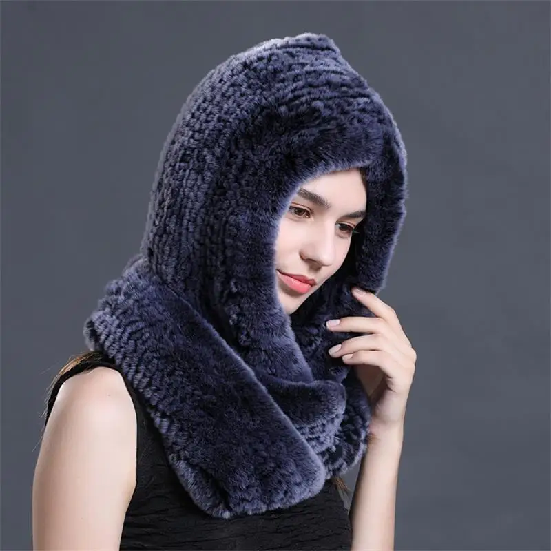 

Russian Winter Hood Hat Knitted Scarf Rex Rabbit Fur Multi Color Headwear Women Outdoor Warm Fur Cap Protect Ears Female P