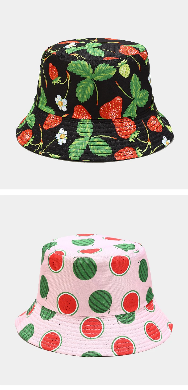 New Creative Fruit Pattern Fisherman's Hat Unisexdouble Sided Bucket Cap Uv Protection Panama Sun Caps for Girls Beach Hats bucket sun hat womens