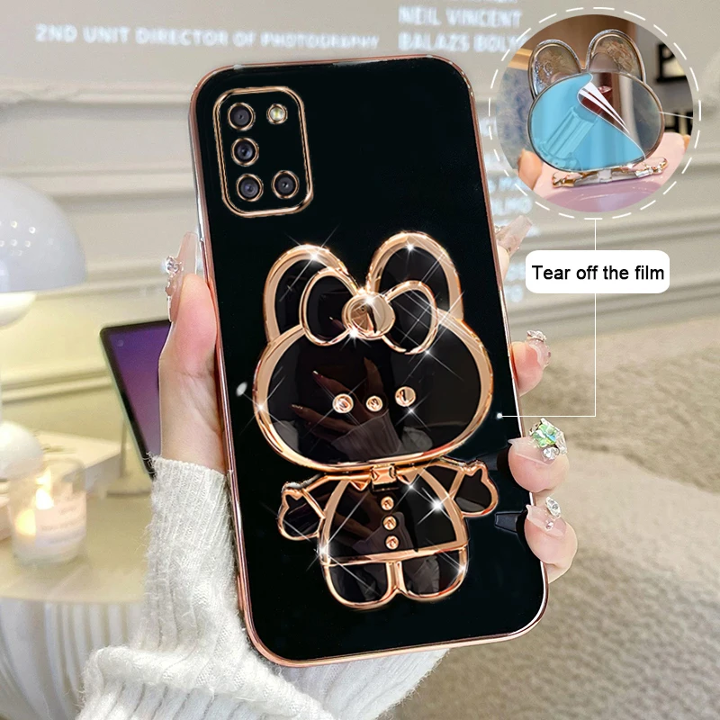 

For Samsung Galaxy A31 Phone Case Soft Silicone Plating Cartoon Rabbit Fold Stand Makeup Mirror Bracket Cover