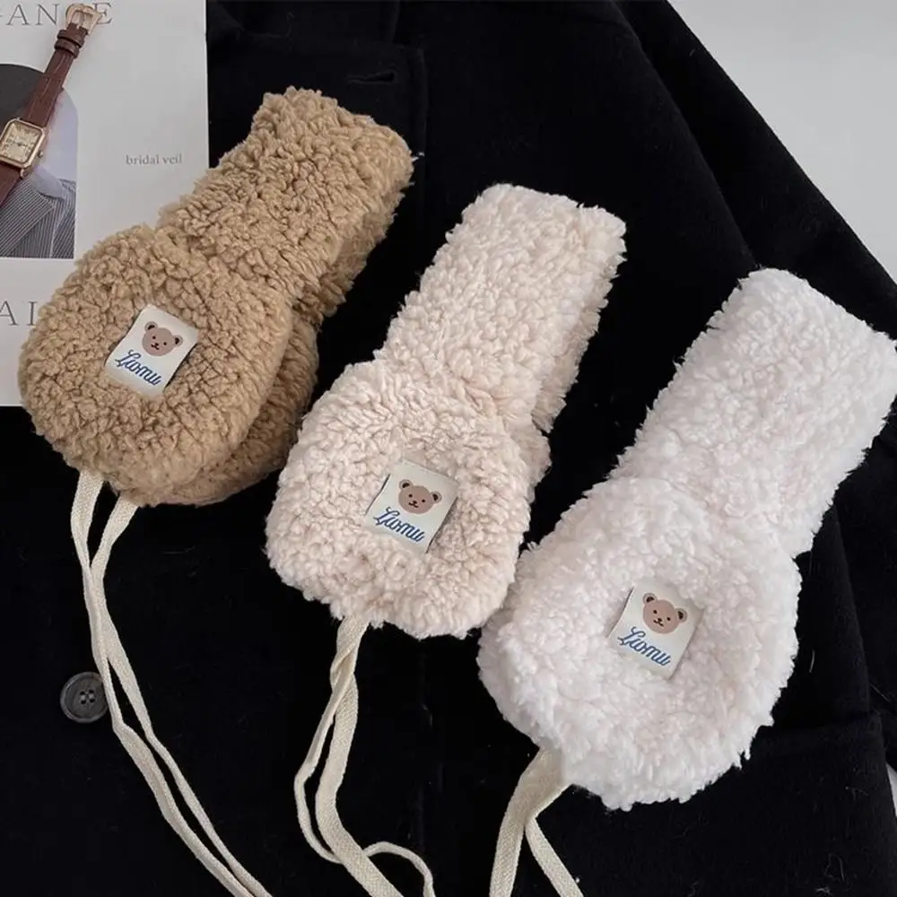 Korean Cute Bear Plush Earmuff Lamb Wool Lace-up Ear Muffs Winter Warm Anti-freeze Ear Covers Fleece-lined Thickened Ear Bag
