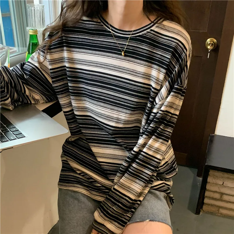 Stripe Pink Cotton Long Sleeve T-shirt Girl\'s Oversize Shirt Spring and Autumn 2022 New Design Loose Top