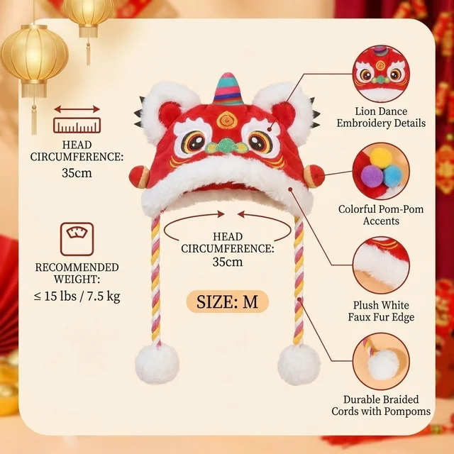Lion Dance Dog Cat Hat for Winter Warmth, Festive Pet Costume for Chinese New Year Photos Gatos Accesorios Hats for Cats 6