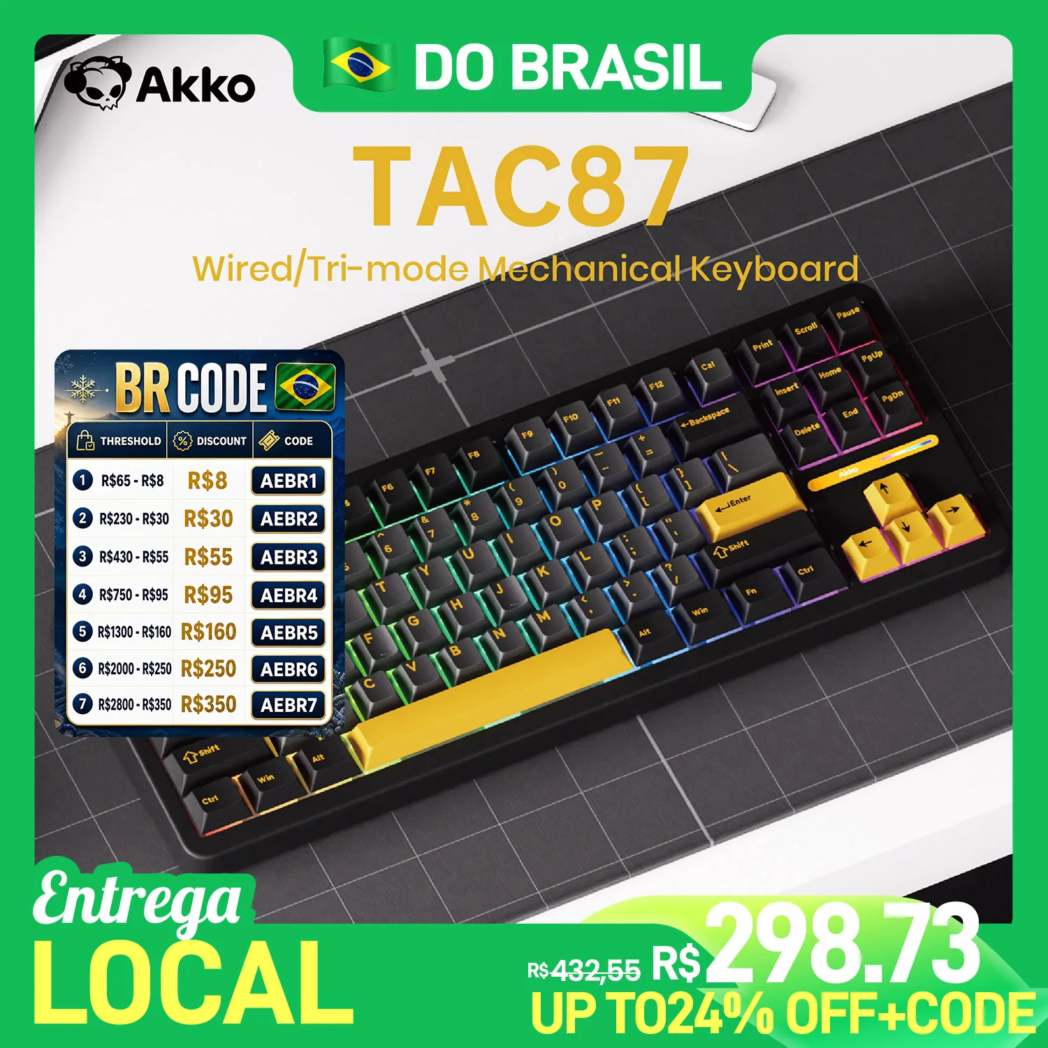 Teclado Mecanico Akko tac87 TKL Com Fio Black Gold