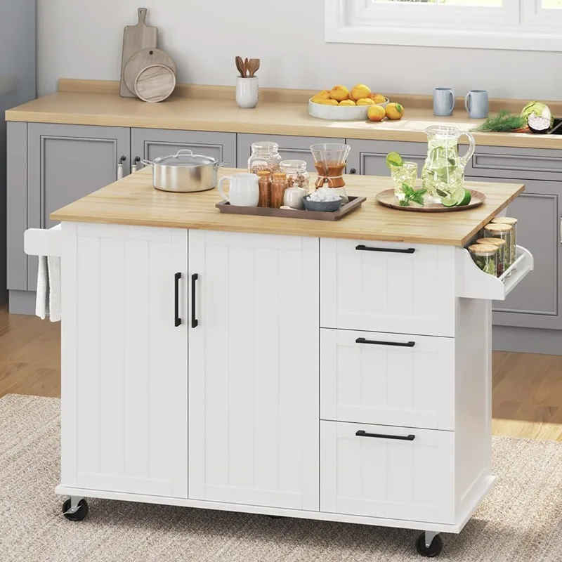

Kitchen Island with Drop-Leaf Breakfast Bar, 53" Width Kitchen Cart on 5 Universal Wheels with Rubberwood Top, Storage Cabinet