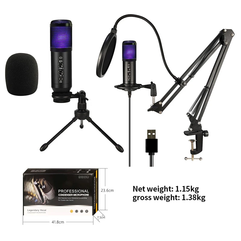 Kinglucky USB Condenser Microphone RGB Color Atmosphere Light Emitting Microphone Laptop Live Recording