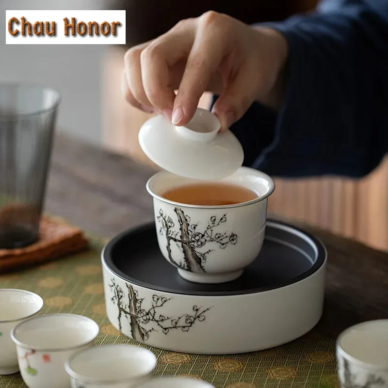 110ml Pure Hand-painted Ink Plum Blossom Art Ceramic Tea Tureen Silver-banded Covered Bowl Tea Maker Gaiwan Kung Fu Tea Ceremony