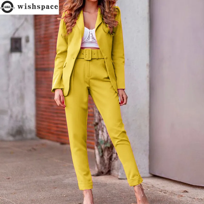 

2022 Spring New French Elegant Women's Pants Suit Casual Blazer Jacket Belt Decorative Trousers Two Piece Set Female Tracksuit