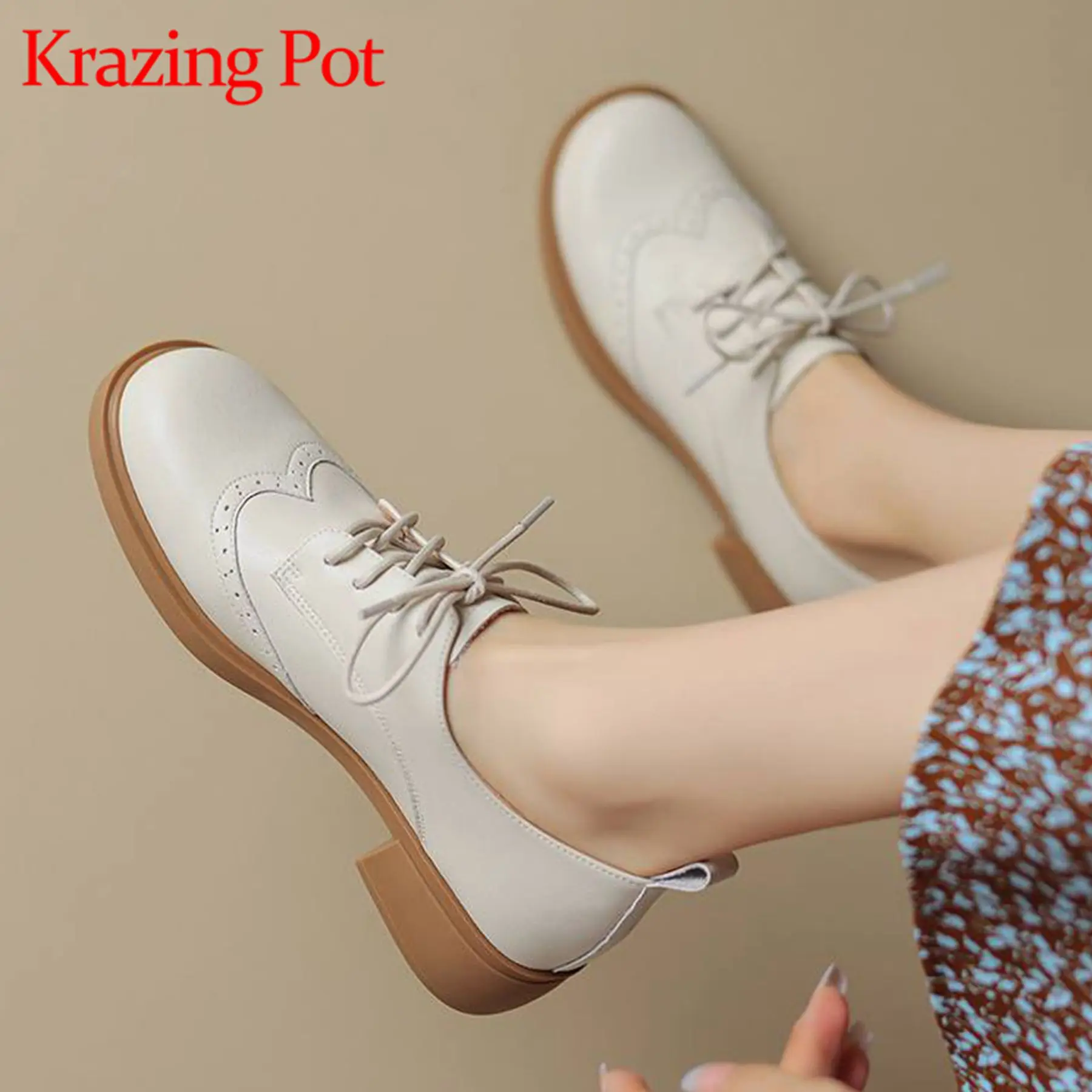 

Krazing Pot Cow Leather Low Heels Spring Lace Up Round Toe Brogues Carving Style Women British School Deep Mouth Leisure Pumps