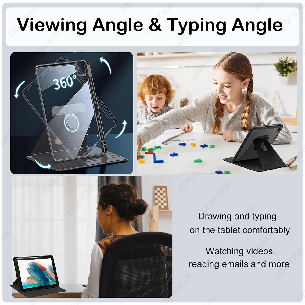 Lightweight Transparent Tablet Case with Pencil Holder and 360° Rotating Stand