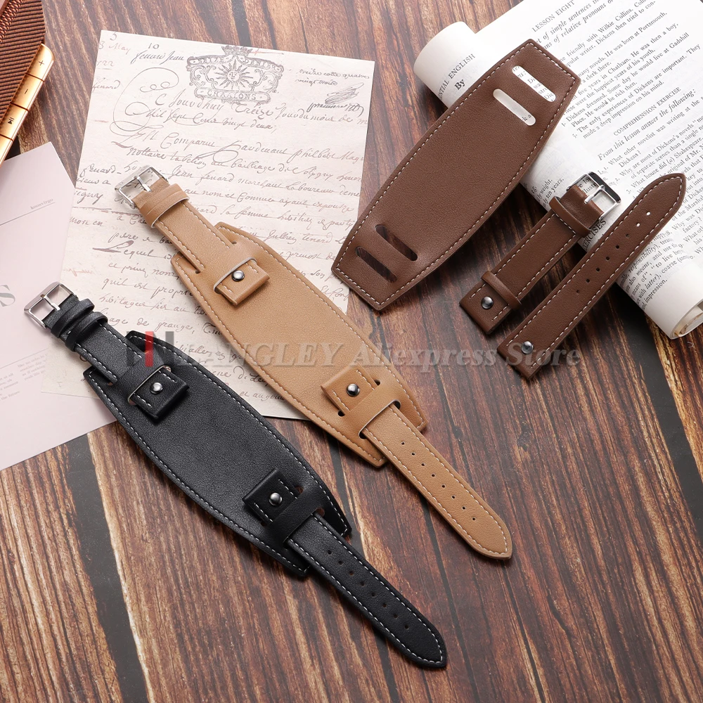 Vintage Cowhide Leather Cuff Watch Band Bracelet for Men - Available in Dark Brown, Black, and Light Brown (20mm, 22mm, 24mm)