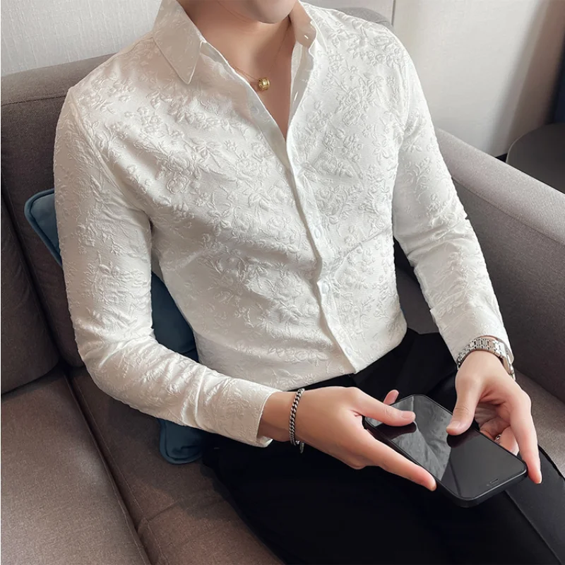 Luxury Vintage Jacquard Men Long Sleeve Shirts Spring Slim Fit Casual Tuxedo Fashion Wedding social Shirts Plus Size 4XL-M men long sleeve shirts