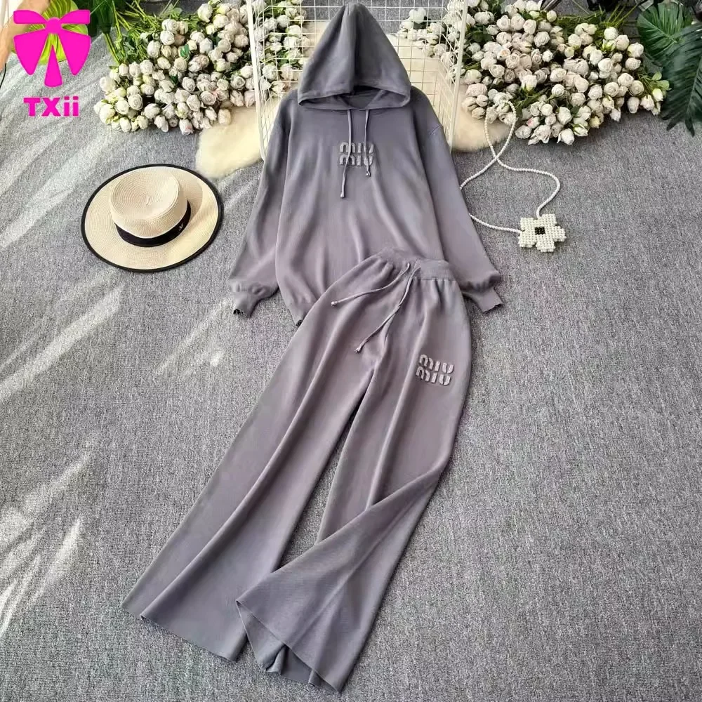 Autumn and winter European and American style letter jacquard knitted hooded top+high waisted loose pants casual two-piece set 3