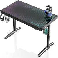 LED Gaming Desk, Music Sync Lights Up Tempered Glass Desktop, 43" Office Computer Table W Controller Rack 4 USB Charging Ports 2