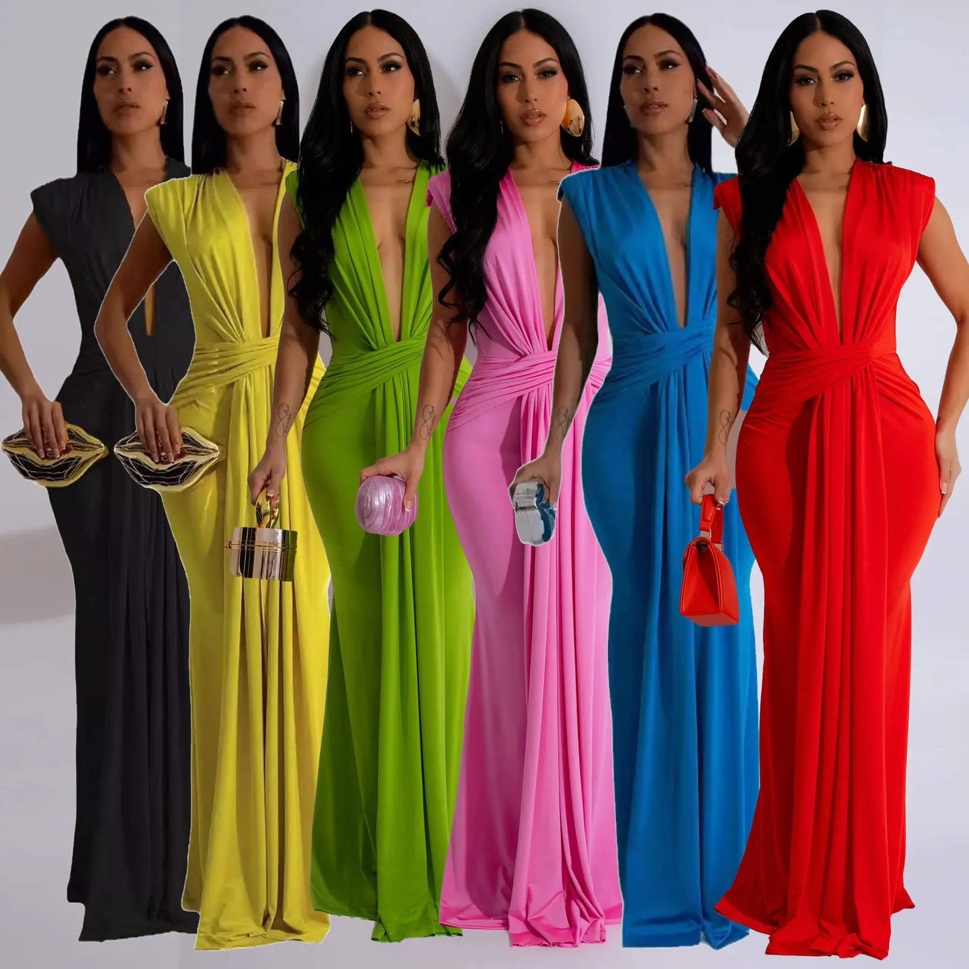 

Long Elegant Pleated Dresses 2024 Summer Women Luxury Clothes Bodycon Club Elegant Lady Sexy Maxi V Neck Solid Dresses